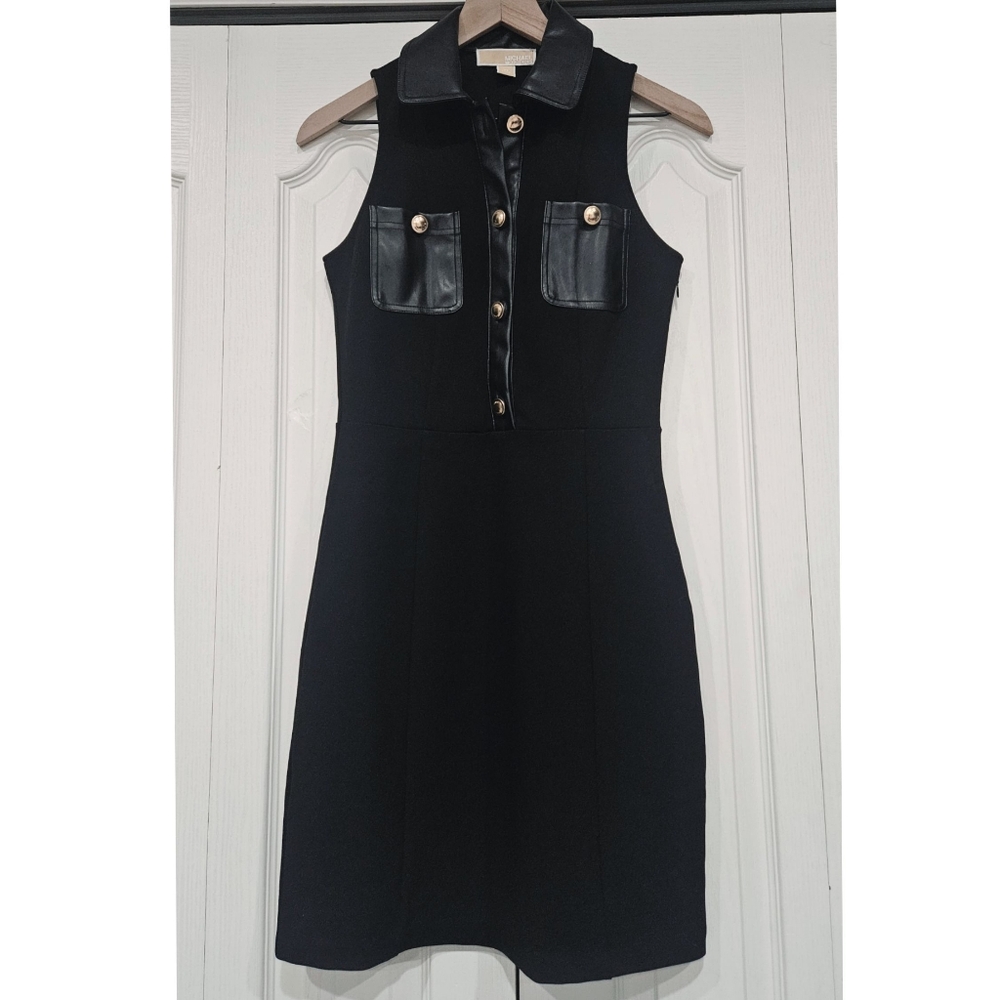 MICHAEL KORS Coin Button Collar Pocket Stretch Dress Black Gold Leather Size XS